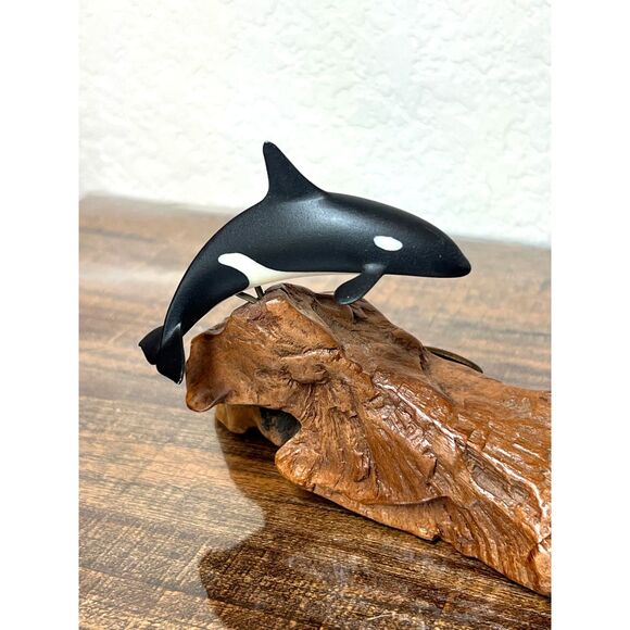John Perry Orca Sculpture Burlwood Base Vintage Killer Whale Figurine Ocean Art - Picture 2 of 11